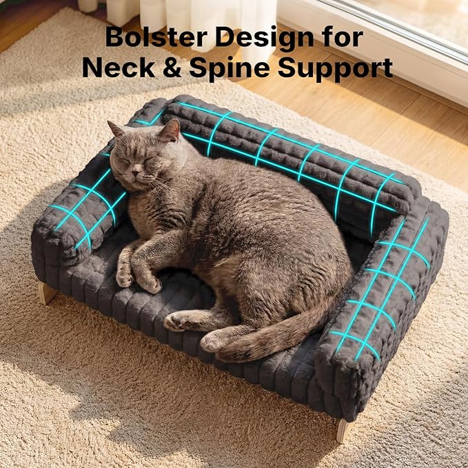 Veehoo Elevated Cat Bed Indoor, Wood Furniture Style Cat Couch Sofa with Removable Washable Cover, Cute & Fluffy Small Cats Bed Furniture for Home