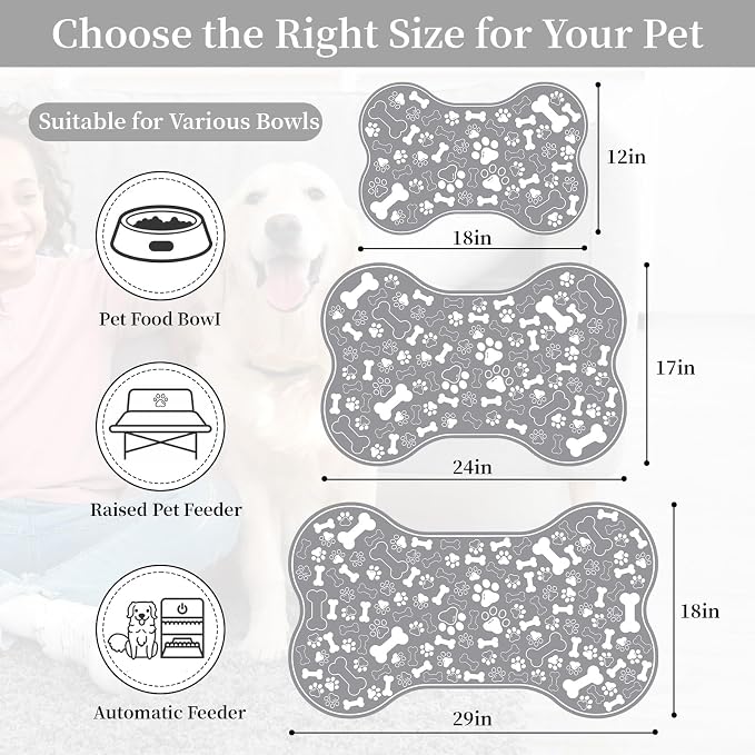 Dog & Cat Food Mat Bone Shaped Pet Feeding Mat Quick Absorb Water Bowl Placemat with Rubber Backing Indoor Floor Stain Resistant Pet Accessory Supplies (Grey Small, 12x18 Inches)