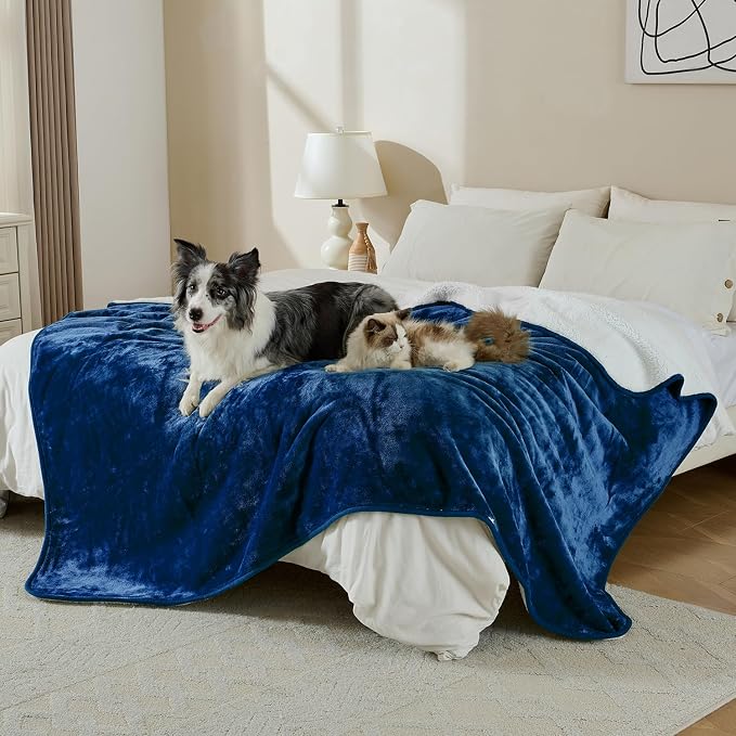 Waterproof Blanket for Bed Couch Sofa, Soft Liquid Pee Proof Pet Blanket for Dog Puppy Cat, Reversible Sherpa Fleece Furniture Protector (Navy Blue, 50x60 inches)