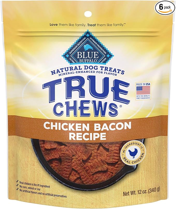 Blue Buffalo True Chews Dog Treats, Made in the USA with Natural Ingredients, Chicken Bacon Recipe, 12-oz Bag (Pack of 6)