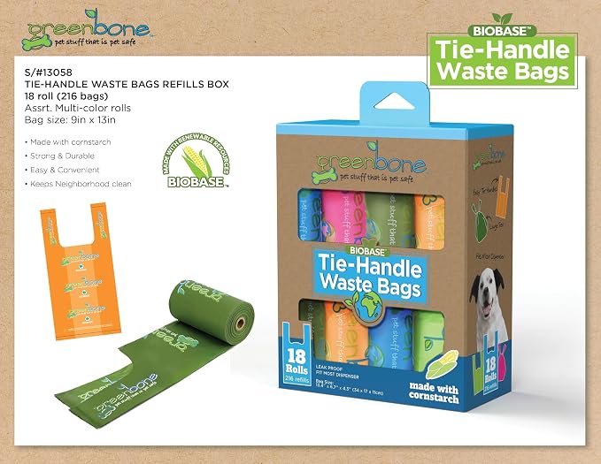 Greenbone BioBase Cat or Dog Poop Bags with Handles Tie, 18 Dispenser Rolls - 216 Bags- Large Leak Proof- Pink, Green, Orange, Blue Variety