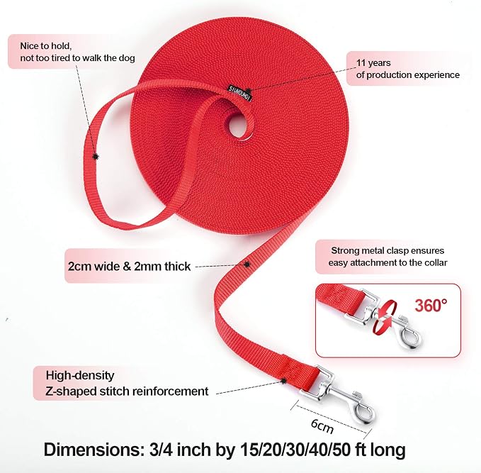 Dog/Puppy Obedience Recall Training Agility Lead - 15ft 20ft 30ft 50ft Training Leash - Great for Play, Camping, or Backyard - Red 15ft (15Feet, Red)