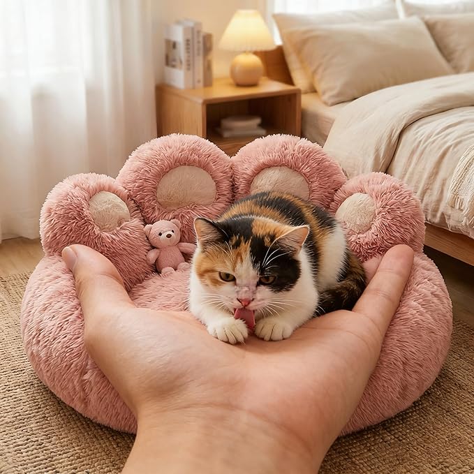 Cat Paw Shaped Cat Bed, Long Plush Calming Cat Bed for Indoor Cats, Washable Pet Bed with Anti-Slip Bottom, Soft Cozy Bed for Small Medium Large Cats & Dogs (Pink, Large)