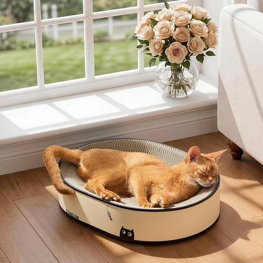Conlun Oval Cat Scratcher Bed, 2-in-1 Cat Scratching Board, Natural Corrugated Cardboard Scratch Pad Lounge, Sealed Base Traps Debris,No Assembly Kitty Furniture,Stylish Colors Blends Any Home Decor