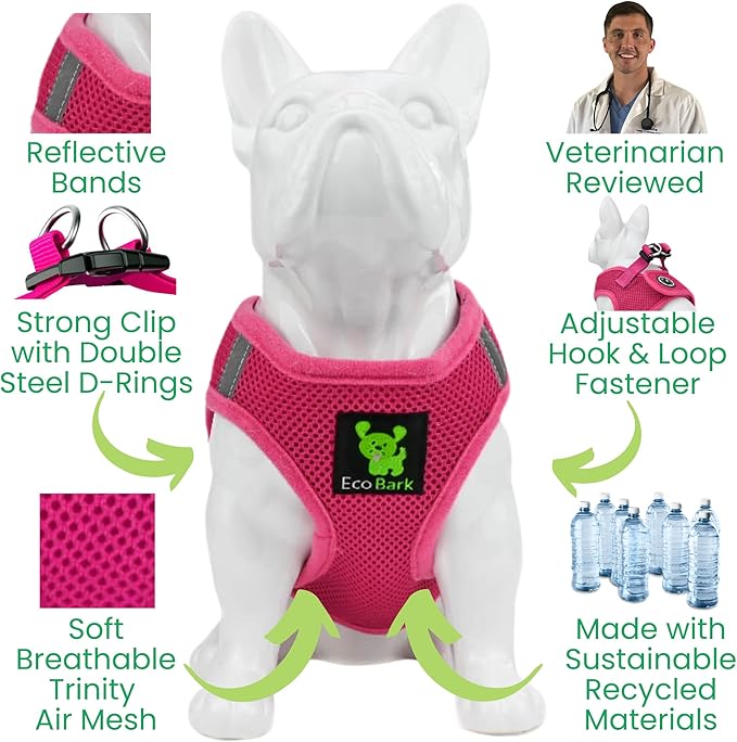 EcoBark Step in Dog Harness - Eco-Friendly Dog Harnesses for for Small & Medium Breed Dogs - Reflective and Adjustable Chest Body Halter Vest -Soft Luxurious Mesh (Pink, XL)