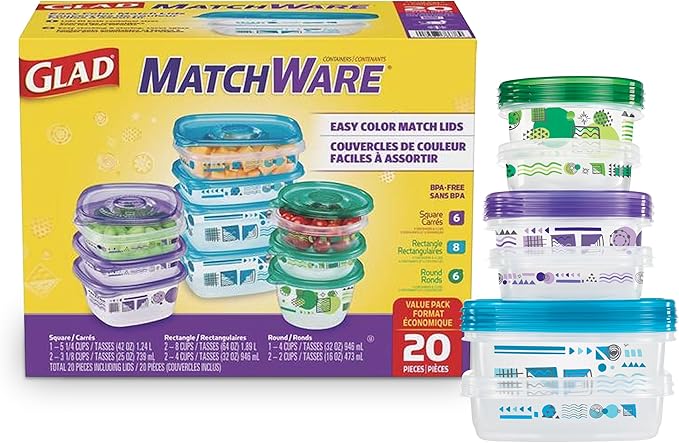 Glad GladWare MatchWare Food Storage Containers with Lids, BPA Free Reusable Plastic 20 Piece Variety Pack for Lunches, Meal Prep, and Leftovers, Leak Resistant, Microwave and Dishwasher Safe - 2 Pack