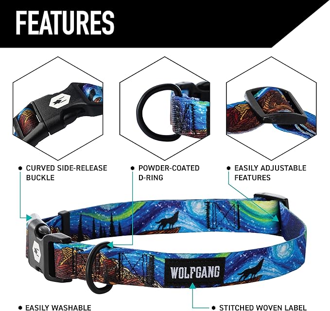 Wolfgang Heavy Duty, Adjustable Dog Collar with Quick Release Nylon Buckle for Walking & Training, StarryWolf Print, Medium