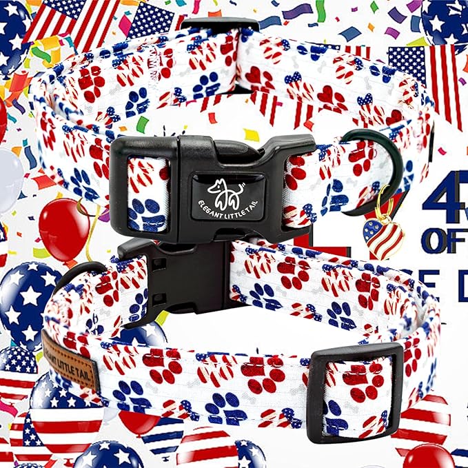 Elegant little tail Independence Dog Collar, 4th of July Holiday Pet Collars Cotton Patriotic Puppy Girl or Boy Soft Pet Gift Adjustable Dog Collar for Small Medium Large Dogs