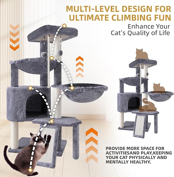 3-Tier Cat Tree with 2 Hammocks & Condo, Grey | Multi-Level Indoor Cat Tower with Natural Sisal Scratching Posts, Rope Ladder, Replaceable Hanging Balls | Sturdy Cat Furniture for Kittens & Adult Cats