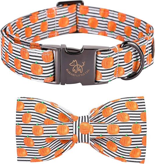 Elegant little tail Halloween Dog Collar, Pumpkin Print Pet Collar Bowtie Dog Collars Holiday Adjustable Pet Gift Collars for Small Medium Large Dogs