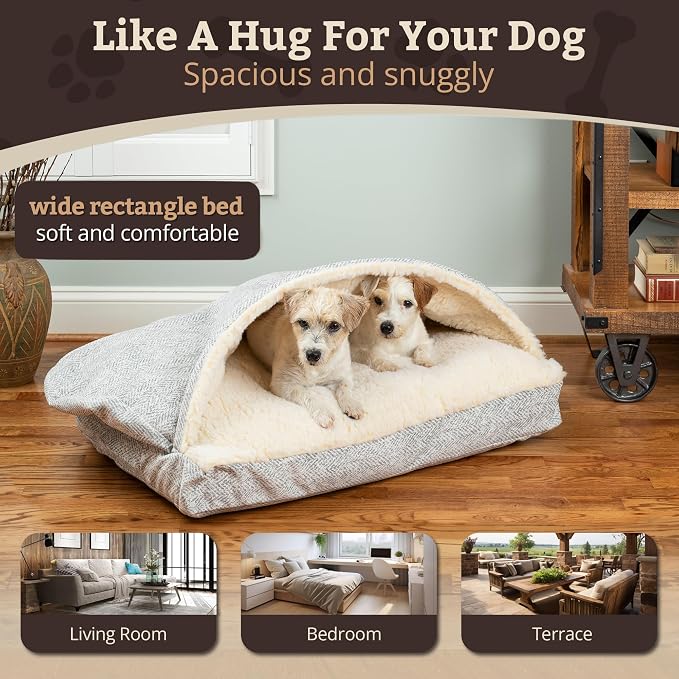 Snoozer Rectangle Cozy Cave Dog Bed - Indoor Dog Bed with Cover Cave, Covered Calming Burrow for Medium & Large Sized Pets with Blanket Attached, Enclosed, Washable Cover - Large, Palmer Dove