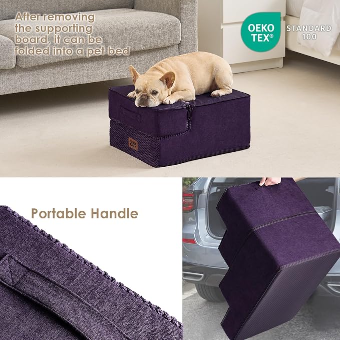 EHEYCIGA Dog Stairs for Small Dogs 13.5" H, 3-Step Dog Steps for Couch Sofa and Chair, Pet Steps for Medium Cats, Non-Slip Balanced Pet Ramp Indoor, Purple