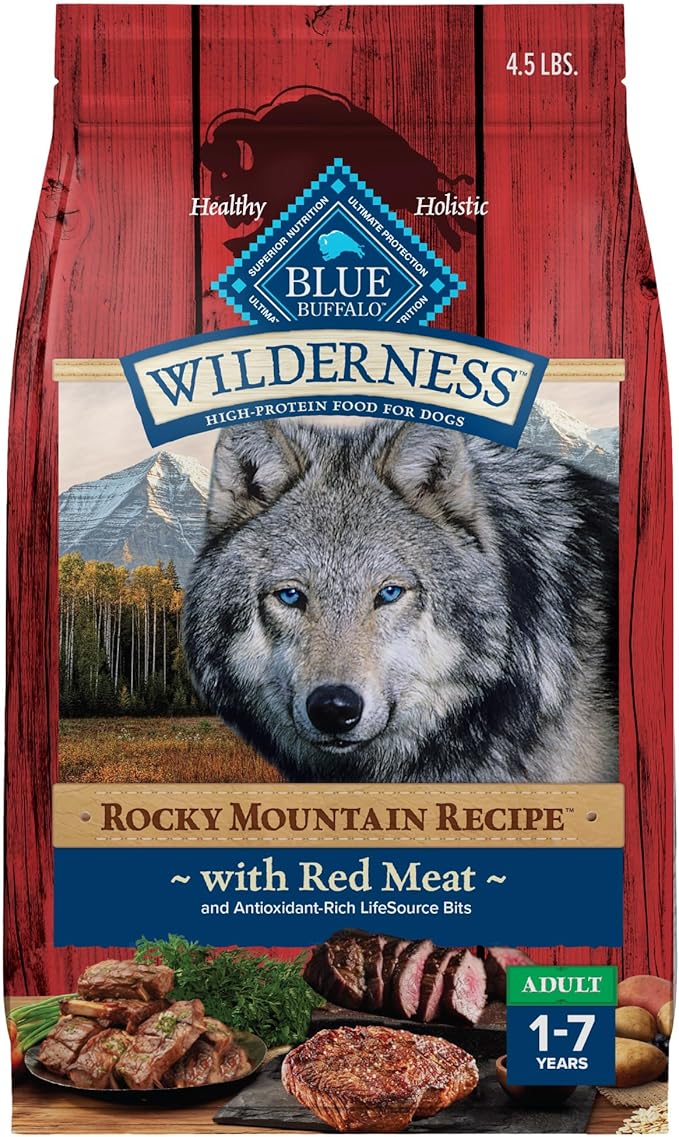 Blue Buffalo Wilderness Rocky Mountain Recipe Adult Dry Dog Food with Red Meat & Wholesome Grains, 34g Protein, Vibrant Energy for an Active Life, Made with Natural Ingredients, 4.5 lbs.