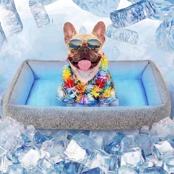 Cooling Dog Bed for Small Medium Dogs - Reversible Design (Ice‑Silk Cooling Layer | Sherpa Fleece Layer), Washable Cooling Mat for Dogs, Cats, Crates 24" × 15"