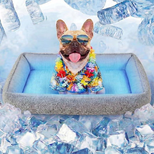 Cooling Dog Bed for Small Medium Dogs - Reversible Design (Ice‑Silk Cooling Layer | Sherpa Fleece Layer), Washable Cooling Mat for Dogs, Cats, Crates 24" × 15"