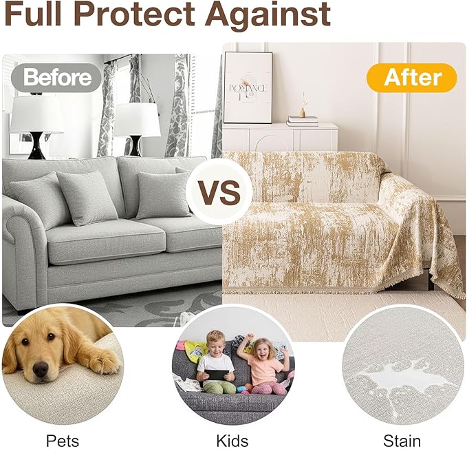 hyha Couch Cover for Dogs, Boho Sofa Covers for 3 Cushion Couch Washable, Chenille Sofa Slipcover for Pets, Soft Loveseat Sectional Couch Throw Blankets with Tassels (Khaki/White, 71x134 Inch)