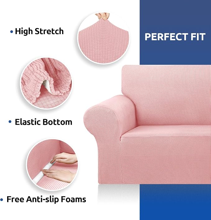 KEKUOU Stretch Sofa Cover Slipcover ，Couch Covers for 3 Cushion Couch Sofa pet Friendly (78"-94") Furniture Protector Sofa with Elastic Bottom for Kids,Dog, Jacquard Small Checked(Large,Dusty Pink)