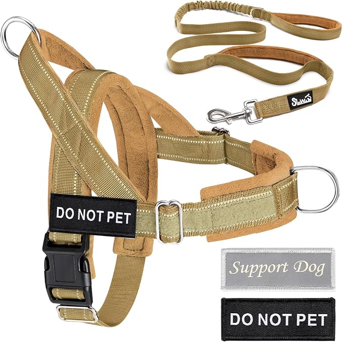 Lukovee No Pull Dog Harness and Leash Set - Adjustable Soft Padded Vest with Front Clip for Easy Control, Reflective Durable Harness for Safe Daily Training Walking for Medium Large Dogs (M, Tan)