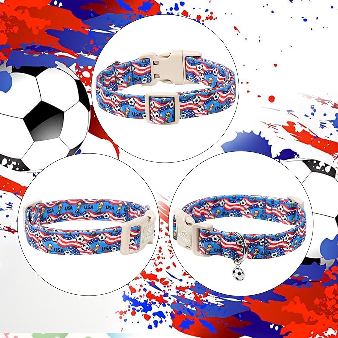 American Soccer Dog Collar Blue Patriotic Dog Collars for Medium Dogs - Lightweight Adjustable 4th of July Puppy Collars Summer Stars & Stripes Male Female Dogs Collar M
