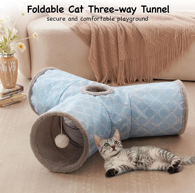 Tempcore Cat Tunnel for Indoor Cats, 3 Way Collapsible Pet Play Tunnel with Teaser Wand, Peek Holes & Hanging Ball, Interactive Tube for Kittens & Rabbits, Geometry Blue