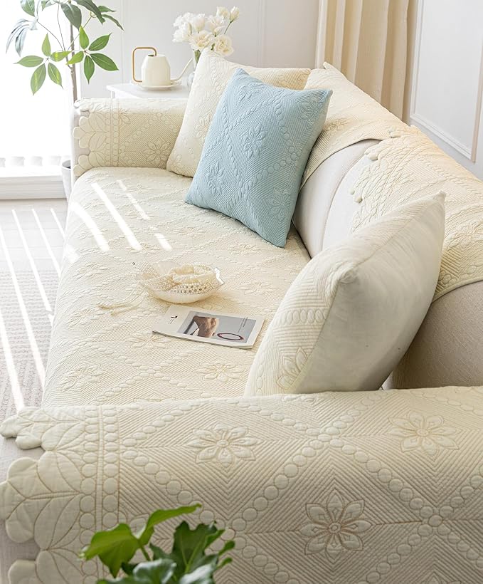 Cotton Quilted Dog Couch Cover for Sofa Farmhouse Rustic Embroidery Sectional Couch Cover Soft Anti-Slip Sofa Slipcover Furniture Protector for Kids, Pets (Ivory,43"x94")
