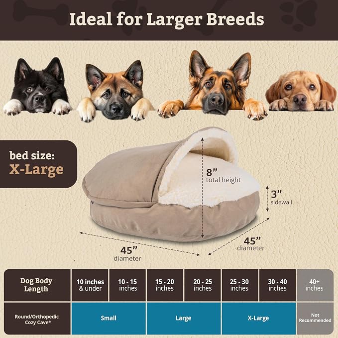 Snoozer Cozy Cave Dog Bed - Indoor Dog Bed with Cover Cave, Covered Calming Burrow for Medium & Large Sized Pets with Blanket Attached, Enclosed, Removable Washable Cover - XL, Buckskin