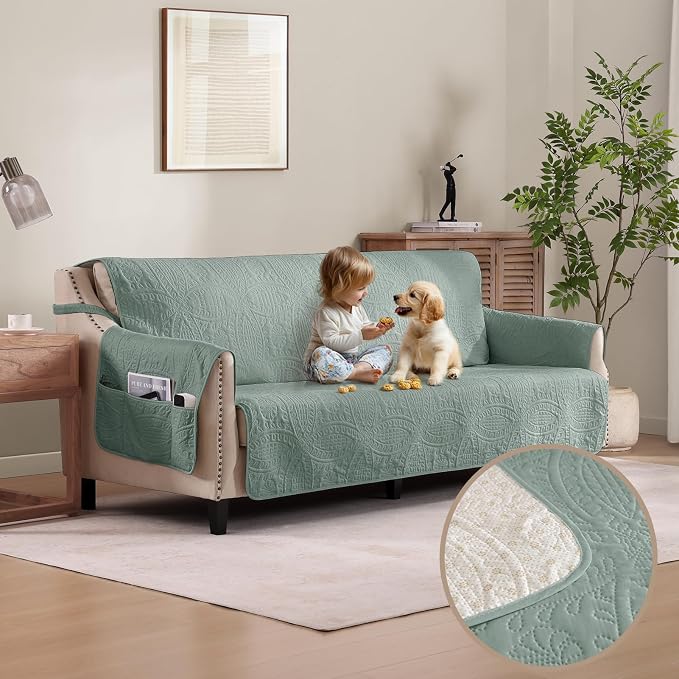Soft Sage Quilted Couch Cover with Pockets for Extra-Large Sofa, Anti-Slip Sofa Covers Washable for 3 Cushion, Pet Friendly Oversized Sofa Cover Water-Repellent (X-Large Sofa 78", Sage Blue)