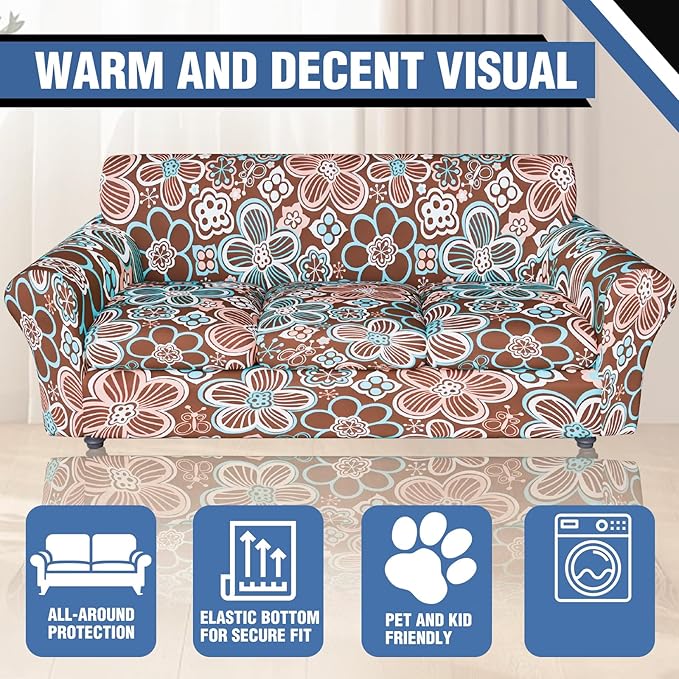 Stretch Couch Covers for 3 Separate Cushion Couch Sofa,Floral Printed Couch Sofa Cover,Washable Sofa Slipcover,Pet Friendly Furniture Protector with Elastic Bottom,Universal Fit for Home(Sofa,Cover)