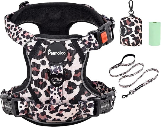 Petmolico No Pull Dog Harness Set with Leash Attachment Easy Control Handle Reflective Harness Vest Small Breed, Puppy Vest and Leash Set with Poop Bag Holder, Medium - Leopard