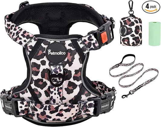 Petmolico No Pull Dog Harness Set with Leash Attachment Easy Control Handle Reflective Harness Vest Small Breed, Puppy Vest and Leash Set with Poop Bag Holder, XS - Leopard
