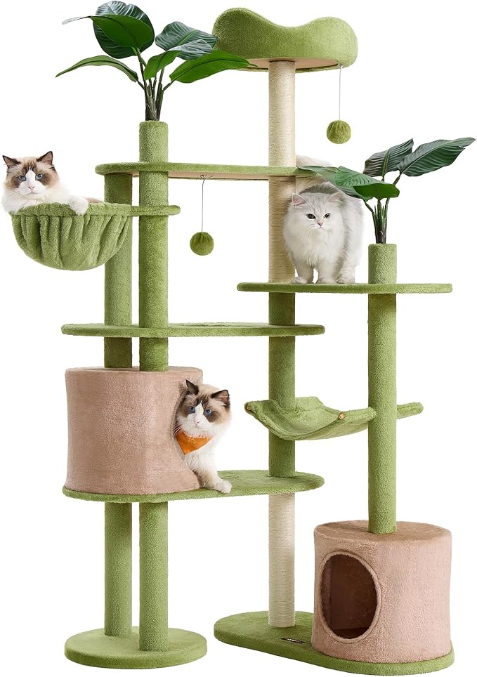 Feandrea Cat Tree, 68.1-Inch Tall Cat Tower, Multi-Level Plush Condo with Artificial Leaves, 3 Scratching Posts, 2 Pompoms with Bells, Grass Green and Camel Brown UPCT330C01