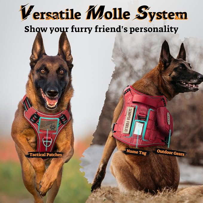 rabbitgoo Tactical Dog Harness for Large Dogs No Pull Adjustable Military Vest with Handle MOLLE Reflective Heavy Duty Dog Vest for Walking Training Hunting Outdoor Working Medium Size Dog Red M