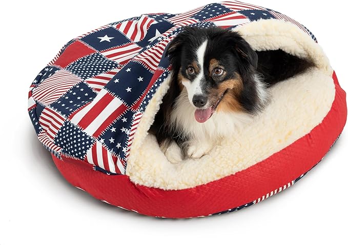 Snoozer Cozy Cave Dog Bed - Indoor Dog Bed with Cover Cave, Covered Calming Burrow for Small Sized Pets with Blanket Attached, Enclosed, Removable Washable Cover - Small, Starpatch Red Diamond