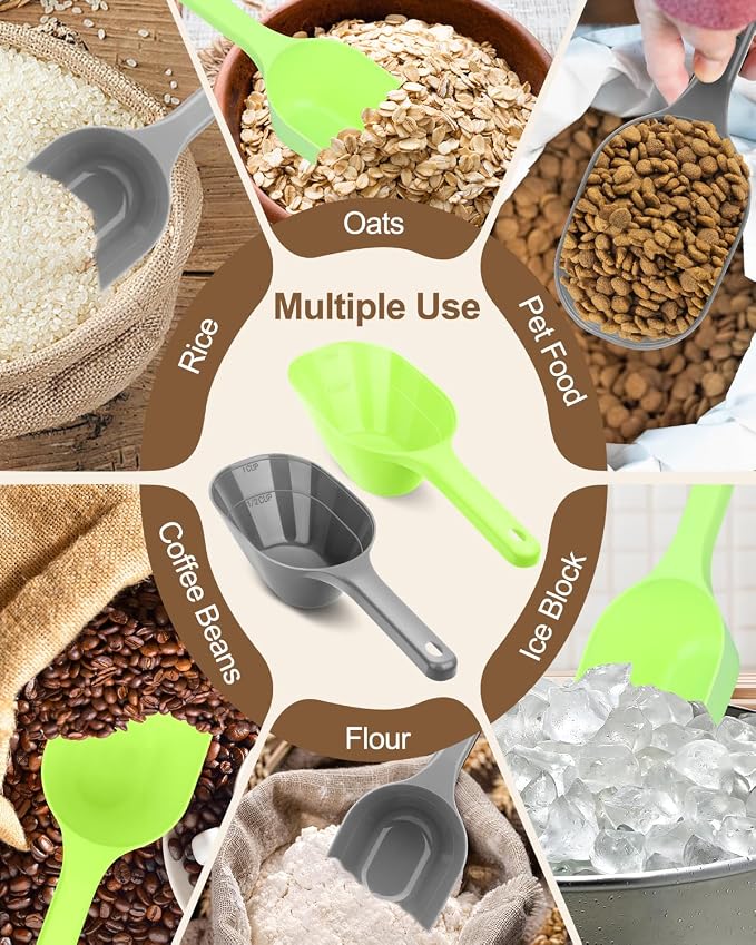 2PACK Dog-Cat Food-Scoop Measuring-Cup,1 Cup Capacity Versatile Plastic Pet Food Scoop with Measuring Lines 1 Cup and 1/2 Cup for Precise Portion Control (Grey and Green)