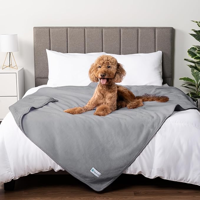 PETAMI Sherpa Fleece Waterproof CAT and Dog Blanket, Light Gray, Queen