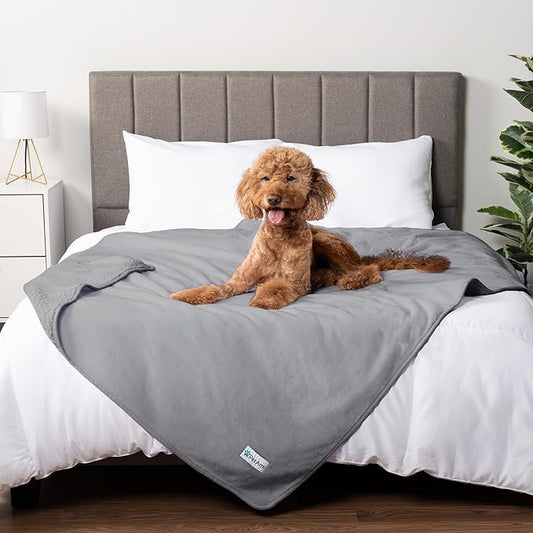 PETAMI Sherpa Fleece Waterproof CAT and Dog Blanket, Light Gray, Queen