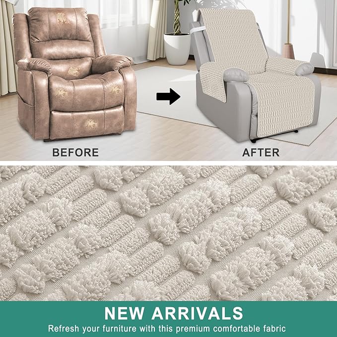 Foxdecor Recliner Chair Covers, Recliner Cover Non-Slip Chair Covers, Washable Recliner Couch Cover Furniture Protector, Cover for Recliner Chair with Elastic Straps. (Cream, 30" W)