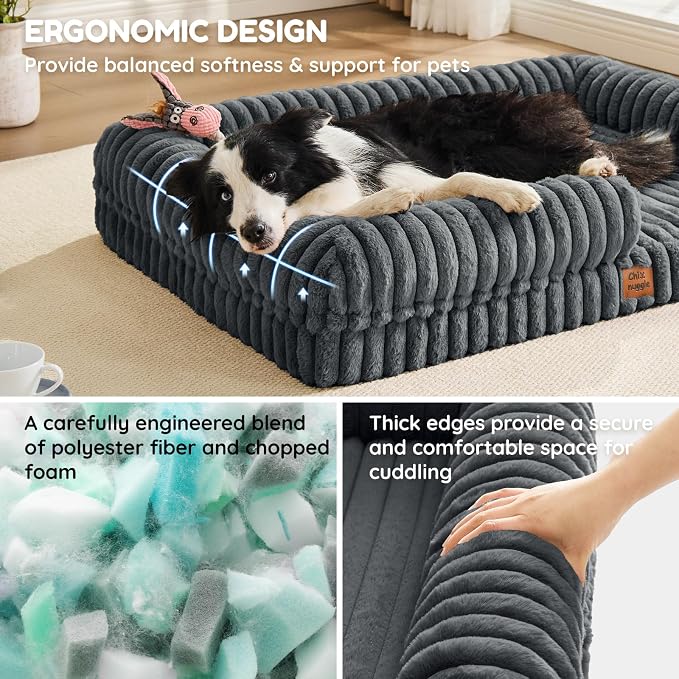 Orthopedic Dog Bed for XL Dogs, Washable Dog Bed with Faux Rabbit Fur Waterproof Cover, High Density Egg Crate Foam Support with 3-Sided Bolsters for Senior Dogs, Non-Skid Bottom, 41x30x7, Dark Grey