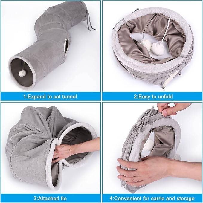 Ownpets Cat Tunnel 48 inch Long S-Shape Collapsible Cat Play Tunnel with Interactive Feather Wand Large Pet Tunnel Tube Toy for Cat Kitten Kitty Puppy Rabbit