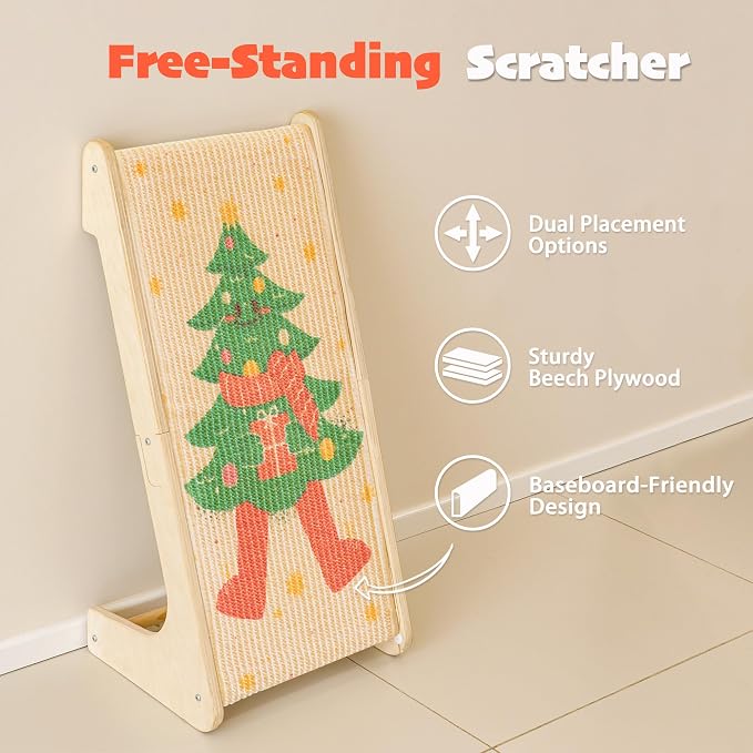PETKARAY L Shape Cat Scratcher, Sisal Kitty Scratching Ramp, Vertical Scratch Pad for Indoor Cats, 25.2" Furniture Protector with Catnip, Festive Edition