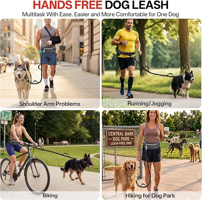 Hands Free Dog Leash, 240LB Heavy Duty Retractable with Partitioned Pouch Adjustable Waist Belt for Walking Running Jogging Hiking Biking Training for Medium/Large 25-120LBS Dog(Not for＜25LBS)