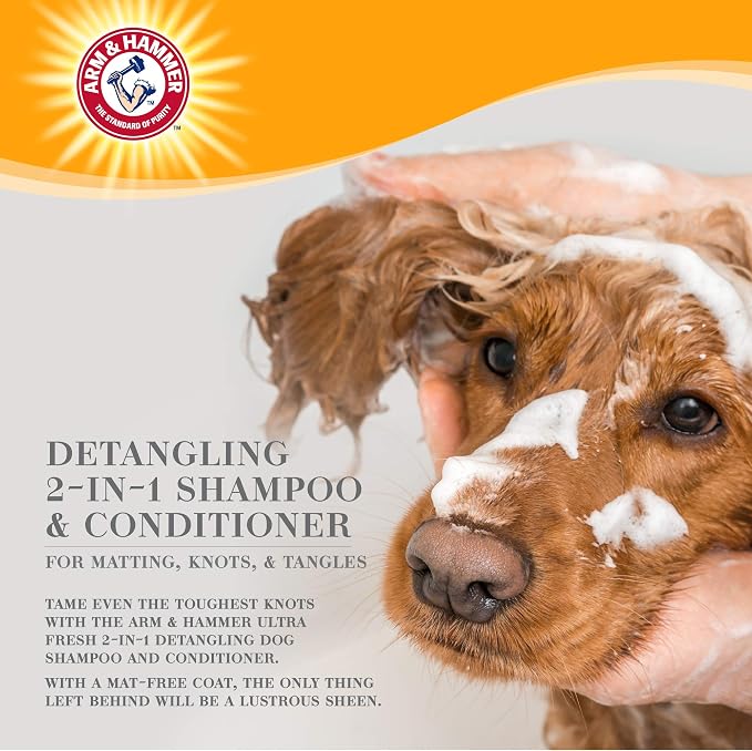 Arm & Hammer Ultra Fresh 2 in 1 Detangling Dog Shampoo and Conditioner Baking Soda Deodorizer Moisturizing Pet Wash Tangles Odor Control Cucumber Prickly Pear Scent 16 FL OZ Single Bottle Detangling
