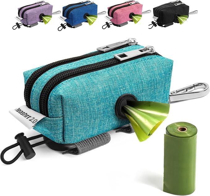 Dog Poop Bag Holder for Leashes - Dog Poop Bag Dispenser and Treat Holder with 2 Waterproof Pouches for Pet Waste Bags and Walking Accessories + 1 Free Roll - Leashrr 2.0 (Teal)