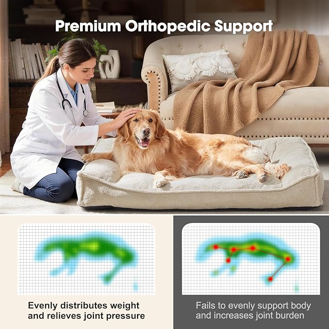 FURTIME Orthopedic Dog Bed Medium Size Dog, Extra Thick Supportive Comfort Pet Sofa, Ergonomic Slant Dog Couch Bed with Removable Washable Cover, Ultra Soft Surface & Non-Slip Bottom, Beige, 35"
