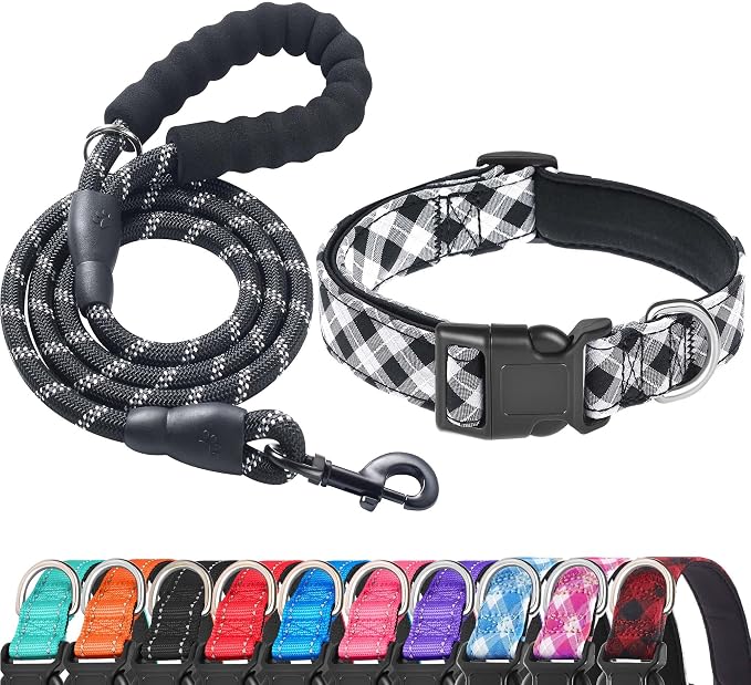 Ladoogo Reflective Dog Collar Padded with Soft Neoprene Breathable Adjustable Nylon Dog Collars for Small Medium Large Dogs (Large (Pack of 1), Black Plaid Collar+Leash)