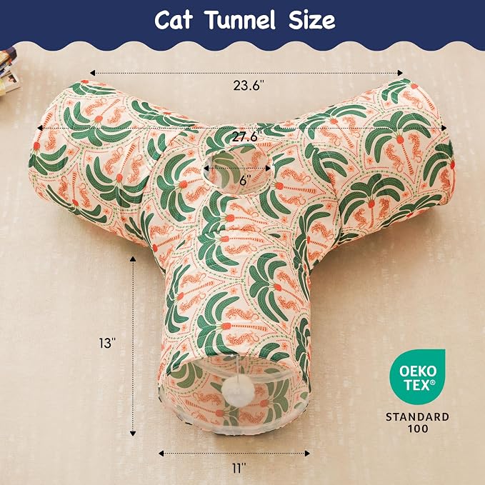 Tempcore Cat Tunnel for Indoor Cats, 3 Way Collapsible Pet Play Tunnel with Teaser Wand, Peek Holes & Hanging Ball, Interactive Tube for Kittens & Rabbits, Khaki Coconut Tree