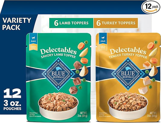Blue Buffalo Delectables Variety Pack Natural Wet Dog Food Topper (Savory Lamb & Tender Turkey) Tender Cuts in Gravy with Natural Ingredients, Vitamins & Minerals, 3-oz. Each (12 Pouches)