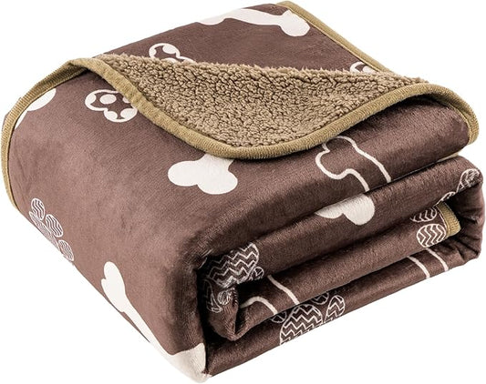 Waterproof Dog Blankets Pet Blanket 60"x80", Soft Fluffy Sofa Car Bed Protector, Reversible Sherpa Fleece Dog Blanket for Large Dogs(Chocolate Brown-Bones)
