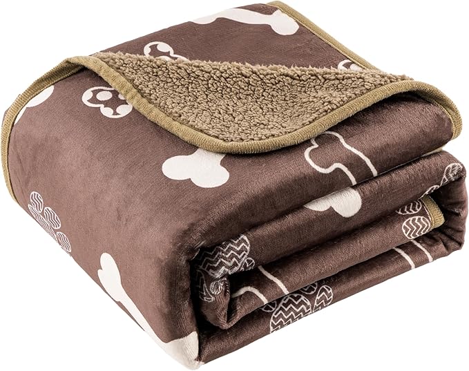 Waterproof Dog Blankets Pet Blanket 50"x60", Soft Fluffy Sofa Car Bed Protector, Reversible Sherpa Fleece Dog Blanket for Large Dogs(Chocolate Brown-Bones)