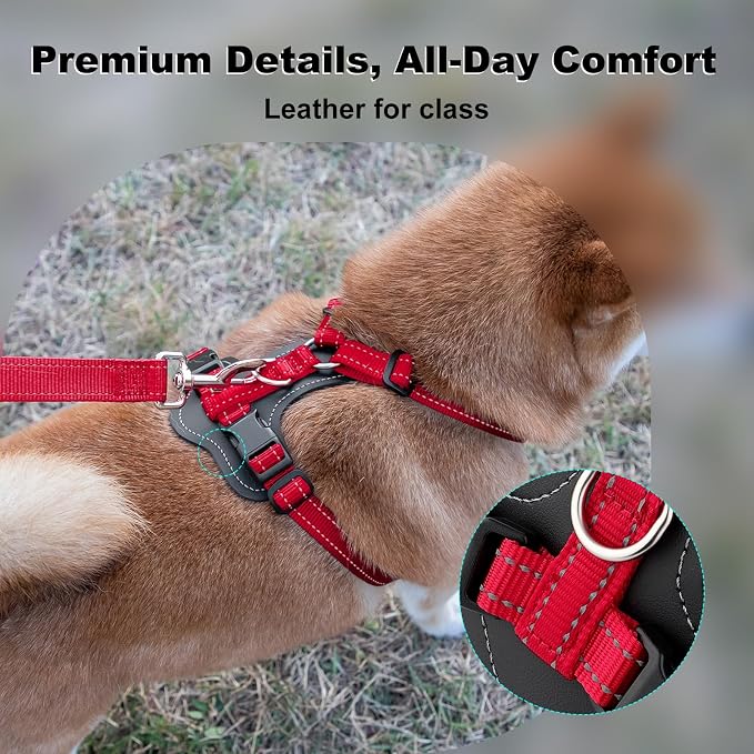 Plutus Pet Adjustable No Pull Dog Harness with Leather Accents, Heavy Duty Reflective Nylon Vest for Training, Hiking, Easy Walk Harness for Small, Medium, Large Dogs (Red, XL)